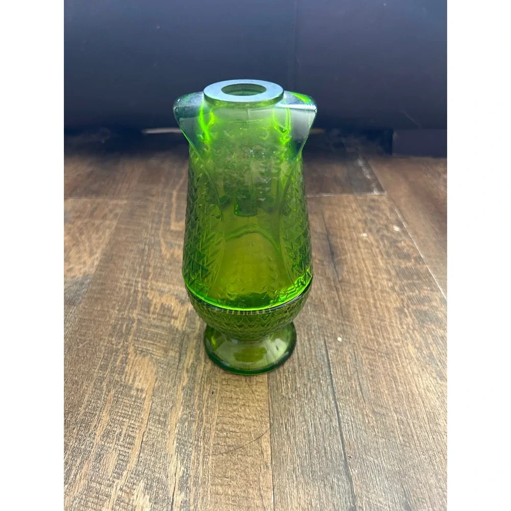 Vintage Viking Glass Green Owl Fairy Lamp MCM Avocado Glimmer Glass 2 Piece Set